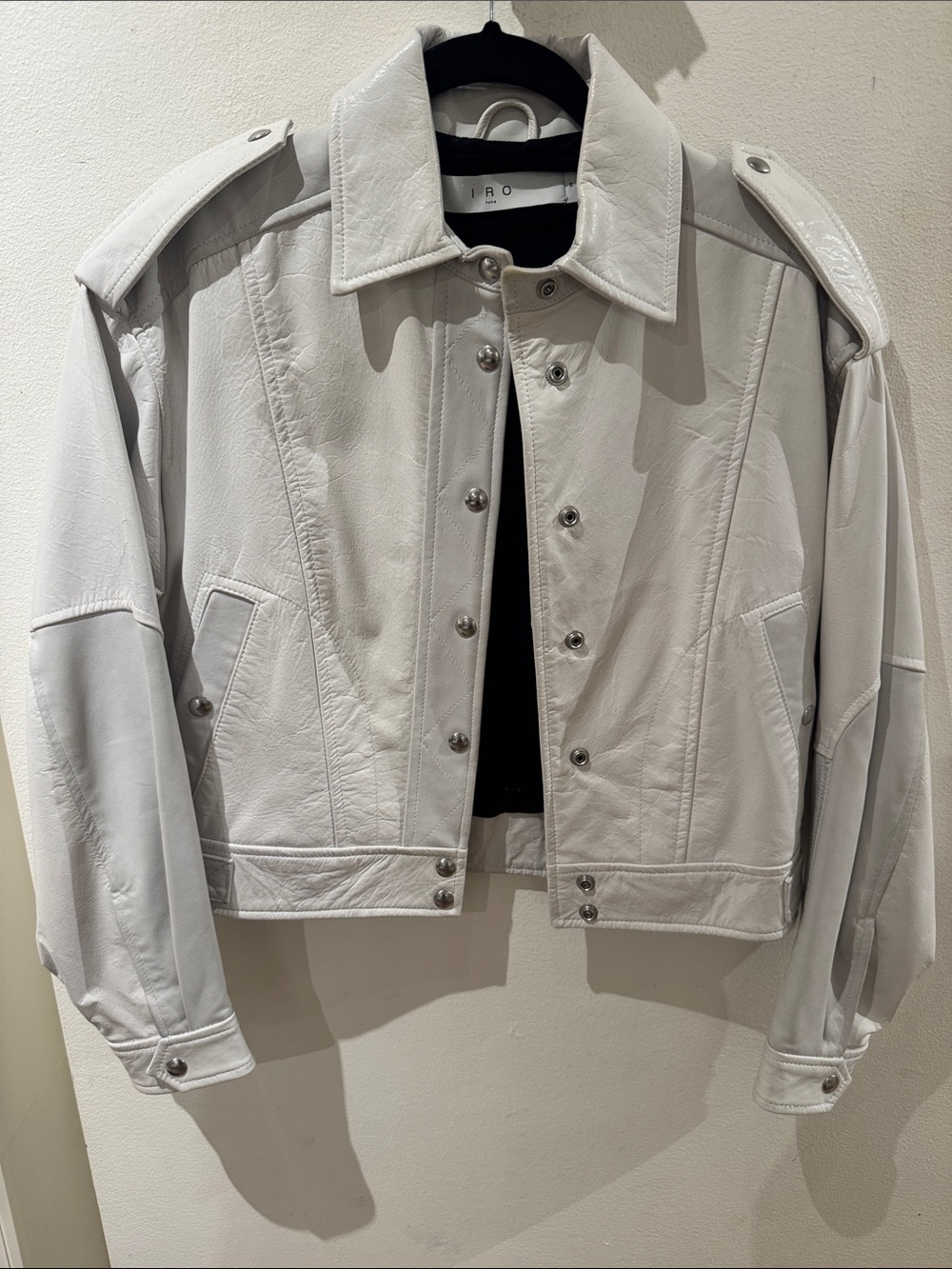 IRO White Leather Bomber Jacket with Epaulets